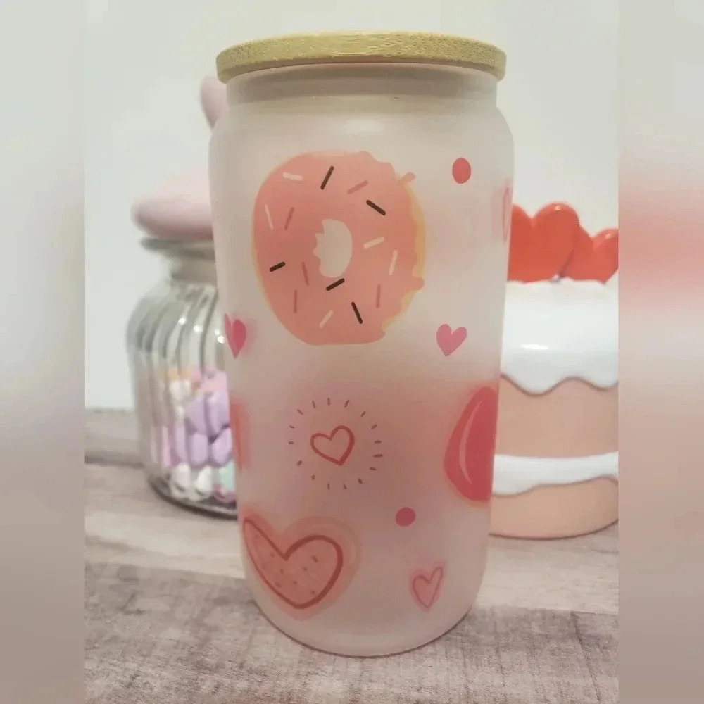 16oz donut hearts frosted glass custom cup‎ with lid and straw, valentines day